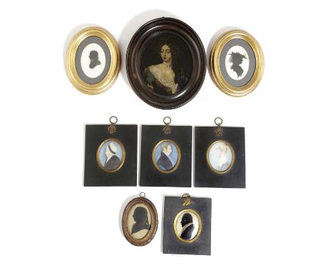 λEIGHT PORTRAIT MINIATURES18TH CENTURY AND LATERcomprising: a silhouette on convex glass portrait of Lord Dorchester by Hinto