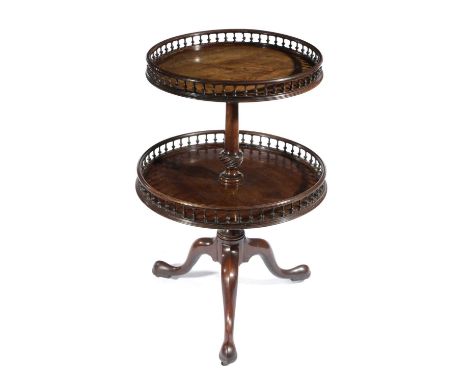A GEORGE III MAHOGANY DUMB WAITER 18TH CENTURY WITH LATER ADAPTATIONSwith two graduated tiers, each with a spindle gallery, i
