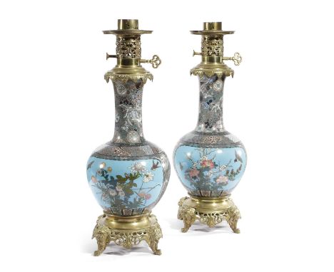 A PAIR OF JAPANESE CLOISONNÉ VASE TABLE LAMPS20TH CENTURYeach of bottle form, with panels of birds and insects amongst flower