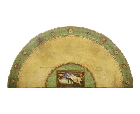 A PAINTED GILTWOOD CONSOLE TABLE18TH CENTURY AND LATERthe demi-lune breakfront top decorated with Venus and Cupid and with a 