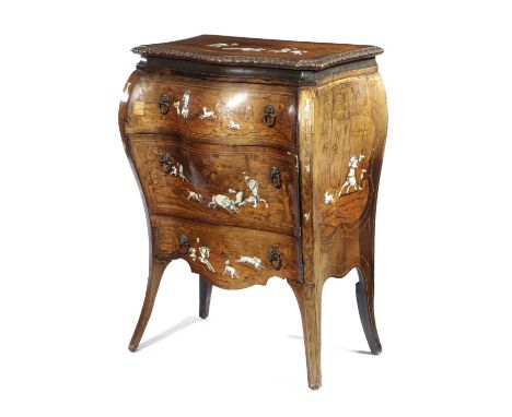 λAN ITALIAN WALNUT BOMBÉ COMMODELATE 18TH CENTURYof serpentine outline, inlaid with engraved ivory and fruitwoods with huntin