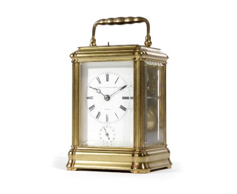 A FRENCH BRASS CARRIAGE CLOCKBY AUBERT & KLAFTENBERGER, GENEVE, LATE 19TH CENTURYthe brass eight day movement with platform l