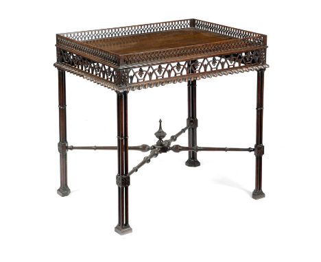 A MAHOGANY SILVER TABLEIN CHINESE CHIPPENDALE STYLE, 19TH CENTURYwith a pierced gallery and lattice frieze, above a gadrooned