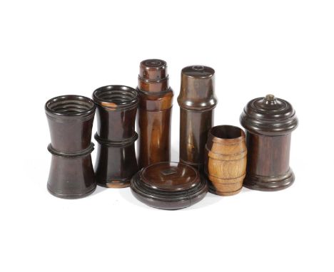 λ TWO TREEN LIGNUM VITAE DICE SHAKERS19TH CENTURYof tapering form with a central band, a lignum vitae barrel-shaped spill hol