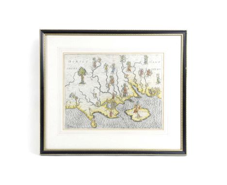A MAP OF HAMPSHIRE AND DORSETBY MICHAEL DRAYTON, C.1612an untitled allegorical engraving with hand colouring, glazed and in a