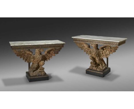 A PAIR OF CARVED PINE EAGLE CONSOLE TABLES IN GEORGE II STYLE AFTER FRANCIS BRODIE, LATE 19TH / EARLY 20TH CENTURYeach with a