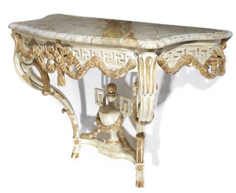 A PAIR OF ITALIAN PAINTED AND GILTWOOD CONSOLE TABLESIN LOUIS XV STYLE, 20TH CENTURYeach with a serpentine marble top above a