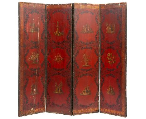A LEATHER FOUR-FOLD SCREEN19TH CENTURYpainted on a red ground with architectural vignettes and flowers, with gilt borders192 