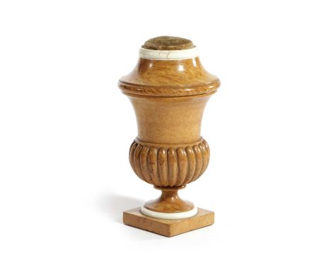 λA BURR BIRCH CAMPANA URN ÉTUIC.1820-30with ivory mounts, the screw-off cover with a pin cushion top, revealing a mirror to t