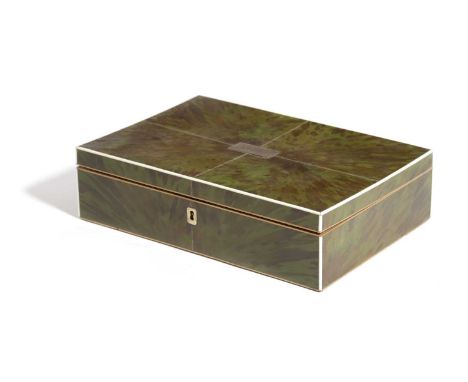 λA REGENCY GREEN TORTOISESHELL WORK BOXEARLY 19TH CENTURYthe quarter veneered top with a central white metal monogrammed plaq