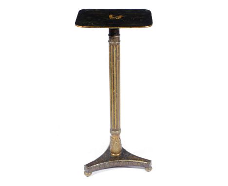 A REGENCY LACQUER AND PENWORK LAMP TABLEEARLY 19TH CENTURY, TOP AND BASE ASSOCIATEDthe fixed top painted with chinoiserie sce