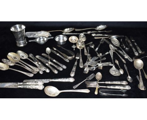 A COLLECTION OF 19TH CENTURY AND LATER SILVER, SILVER PLATED, EPNS &amp; WHITE METAL mostly flatware, to include Berry and Br