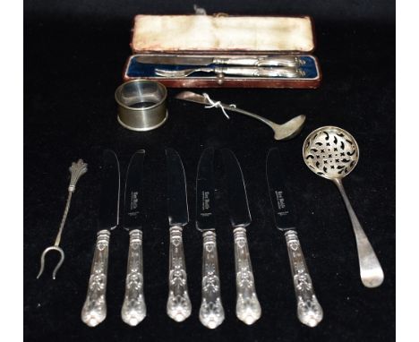 A COLLECTION OF VICTORIAN AND LATER SILVER FLATWARE  a cased Victorian silver knife and fork, hallmarked Sheffield 1888, make