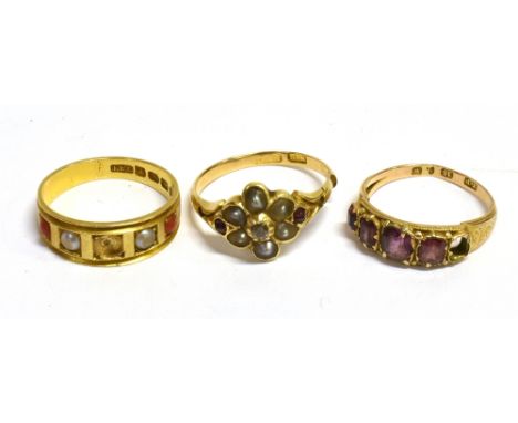TWO 18CT GOLD RINGS TOGETHER WITH A 15CT GOLD RING A/F,  an 18ct gold diamond seed pearl and ruby set flower ring with a spli