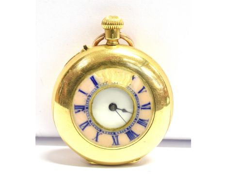 A STAMPED 18K SMALL HALF HUNTER POCKET WATCH the front case with blue baton detail (inside stamped 18K), white enamel dial wi