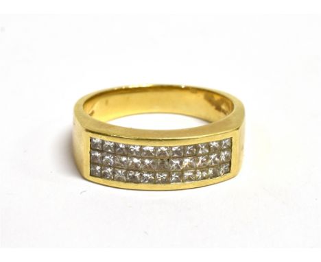 AN 18CT GOLD PAVE SET DIAMOND RING The diamond panel pave set with 33 diamonds on a yellow gold shank marked JSN18K, panel me