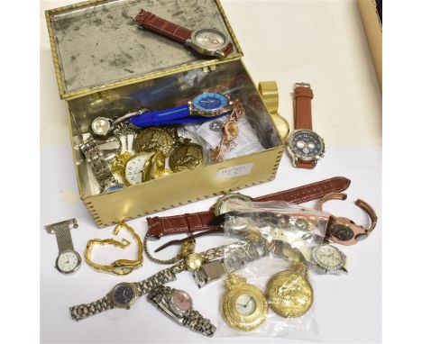 A TIN CONTAINING 25 LADIES AND GENTS FASHION WATCHES AND POCKET WATCHES  to include Rotary, Timex, Sekonda, Ravel, Atlas and 