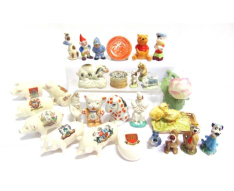 ASSORTED CERAMIC COLLECTABLES  comprising six crested china pigs; a Staffordshire rabbit, 7.5cm long; a Japanese 'Bonzo' styl