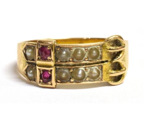 A 15CT GOLD RUBY AND SEED PEARL BELT AND BUCKLE RING Marked 15 625, faded Chester (?) marking, date letter C, maker BRO, ring