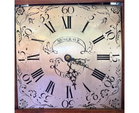 AN OAK CASED 30 HOUR LONGCASE CLOCK  the silvered dial signed 'MUSGRAVE TAUNTON', 40cm wide 206cm high