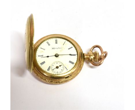 A HAMPDEN GILT METAL SMALL FULL HUNTER POCKET WATCH  the signed white enamel dial fitted with black batons and sub dial, the 