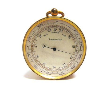 A GILT BRASS POCKET BAROMETER  incorporating to the reverse a thermometer and a compass, 5cm diameter (excluding suspension r