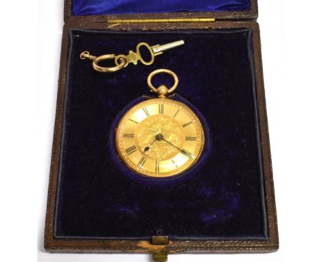 AN 18CT GOLD CASE OPEN FACE POCKET WATCH  with key and case, the rear case with floral and engine turned pattern, blank carto