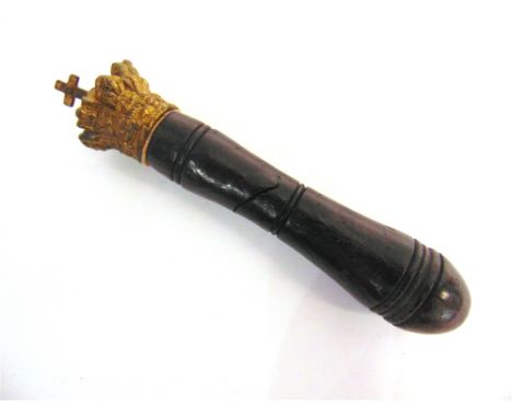 A 19TH CENTURY TIPSTAFF  the turned wood shaft with a cast gilt brass crown finial, overall 16cm long.