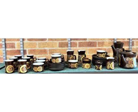 A COLLECTION OF DENBY 'ARABESQUE' TEA AND COFFEE WARES  comprising teapot and coffee pot, six coffee cups, seven tea cups, ni