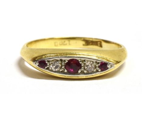 A MARKED 18CT RUBY AND DIAMOND BOAT RING The yellow gold shank with stamped 18ct mark, ring size M, weight 3.5g