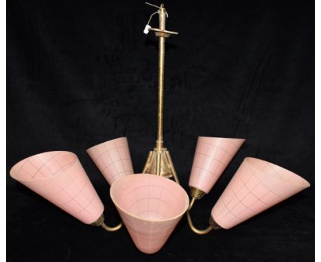 A MID CENTURY FIVE LIGHT CEILING LIGHT FITTING  with pink glass shades, approx 49cm high 65cm diameter Condition Report : gla