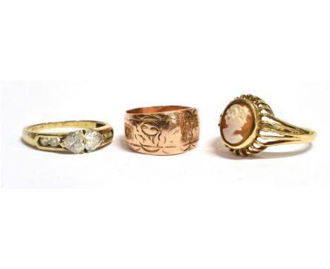 THREE MARKED 9CT GOLD RINGS  comprising a cameo ring Size R, a clear paste set ring Size R ½ , a rose gold part engraved wide