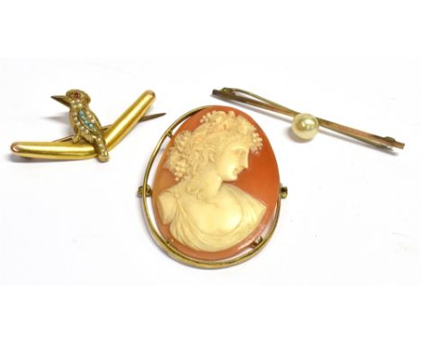 THREE BROOCHES comprising a single culture pearl 9ct gold bar brooch with steel pin, gross weight approx. 2.4 grams, a yellow