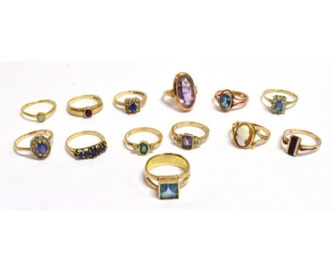 A COLLECTION OF 13 GEM AND STONE SET RINGS Ten rings marked 375 9ct, three unmarked yellow metal rings, stones include Diamon