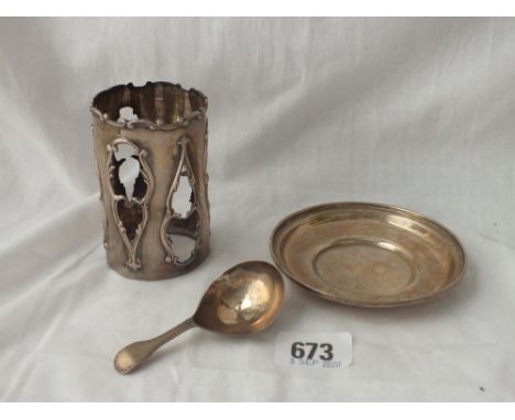 Circular bottle holder with pierced side - B'ham 1906 - a damaged caddy spoon 1794 and a pin dish - 129gms
