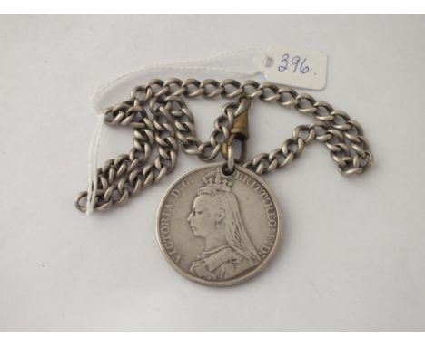 Silver coin pendant on silver chain - 54gms