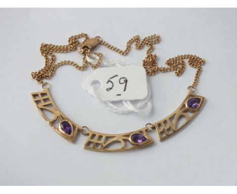 Stylish amethyst-set three-section pendant necklace in 9ct - 6.1gms