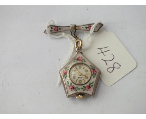 Silver and enamel lapel watch with bow