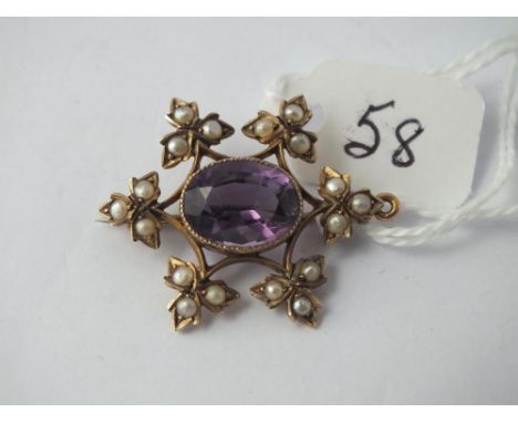 Pearl and amethyst brooch in 9ct - 4.2gms