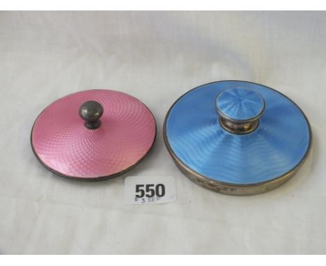 Two silver and enamel jar covers, one pink and one blue - 158gms all in