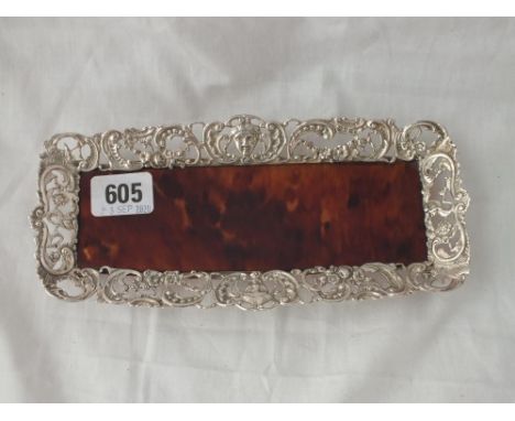 Silver and tortoise shell pen tray on bracket feet - 8.5" long