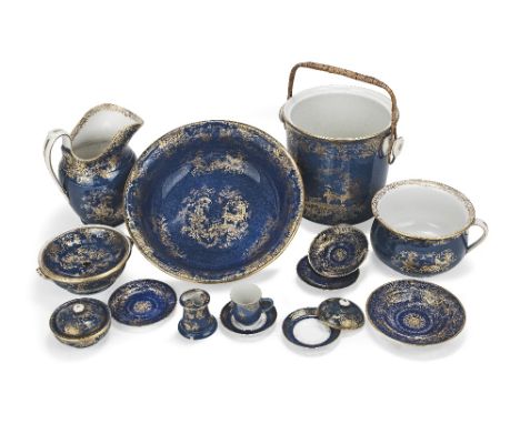 A Copeland porcelain blue and gilt decorated part-toilet serviceLate 19th / early 20th century, some stamped Copeland and Spo