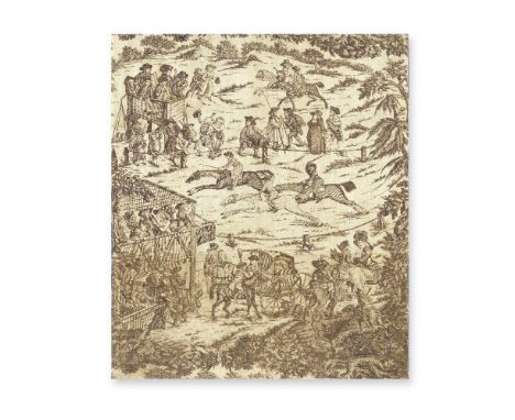 A copper plate printed cotton panelLate 18th century, English'Horseracing at the Turf Inn,' designed by John Nost Sartorius (