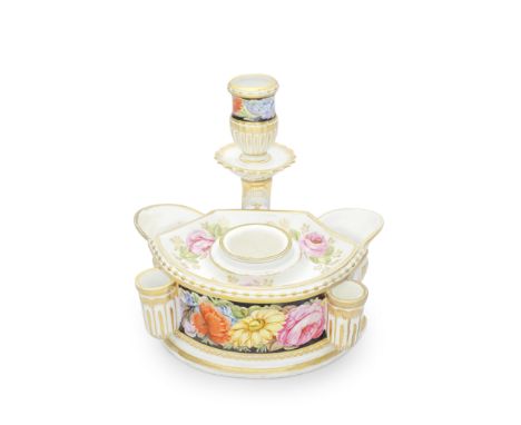 A Flight and Barr Worcester inkstand, candle sconce and inkwell, circa 1800Two flared pockets flanking the dolphin-form handl