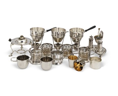 Three silver-plated brandy warmers and standsThomas Wilkinson &amp; Sons, Birmingham, 20th century Of typical plain form with