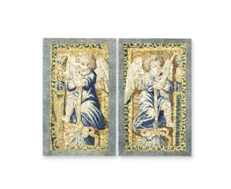A pair of Flemish tapestry panelsCirca 1650Designed with two curly haired winged putti, dressed in blue robes and pulling on 