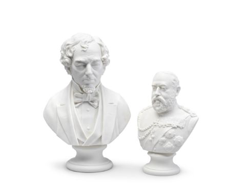 Two Robinson and Leadbeater parian busts of Benjamin Disraeli and King Edward VII, dated 1867 and 1901Both supported on a cir