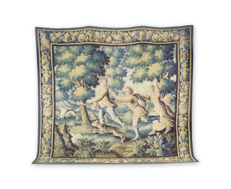 An Aubusson tapestryLate 17th centuryDesigned with shepherds and a female chasing a wolf, one holding his crook as he pursues