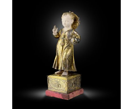 A Spanish silver-gilt and painted model of the infant ChristWith town marks for Barcelona, figure 17th century, earlier base 