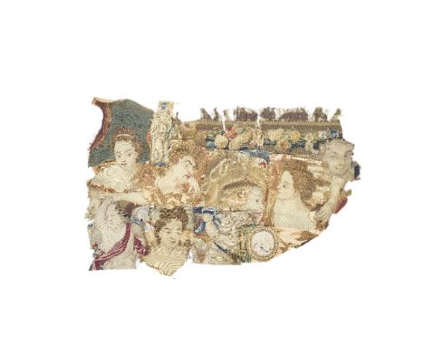 A collection of fragments of Mortlake tapestry17th centuryDesigned with female heads with curling hair and chignons, some put